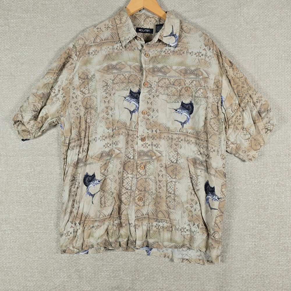 Puritan Mens XL Marlin Fish Geometric Print Rayon Short Sleeve Button Down Shirt